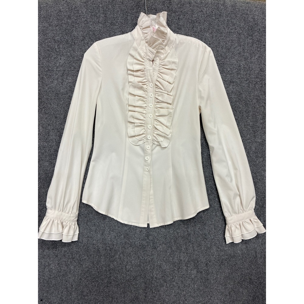 Bling Cream Ruffle Jabot Blouse Victorian High Neck Long Sleeve Top